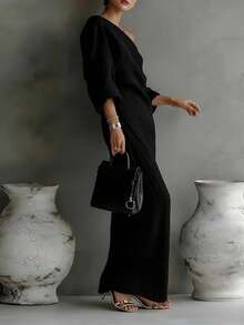 Women's Long Spring Dress With Asymmetrical Shoulder, Loose Fit, Stylish, Slim Fit, European Style, Elegant - 黑色 - 查看 2