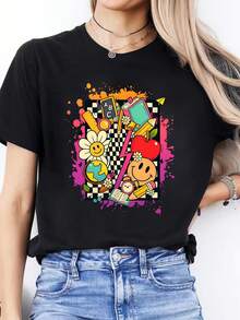 Camiseta casual de primavera y verano con estampado del alfabeto español, cuello redondo, manga corta, camiseta deportiva para mujerDaily Casual Round Neck Short Sleeve-Shirt Women - Negro - Ver 1