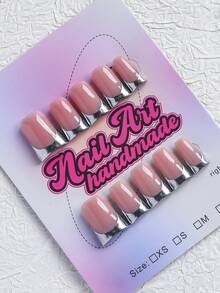 10 Peças/Conjunto Unhas Postiças Quadradas Feitas à Mão, Estilo Y2K, Design de Manicure Francesa Nude e Prata, Adequado para Mulheres e Meninas, Inclui Ferramentas, Perfeito como Suprimentos de Unhas e Presentes para Mulheres, Estético - Prata - Visão 2