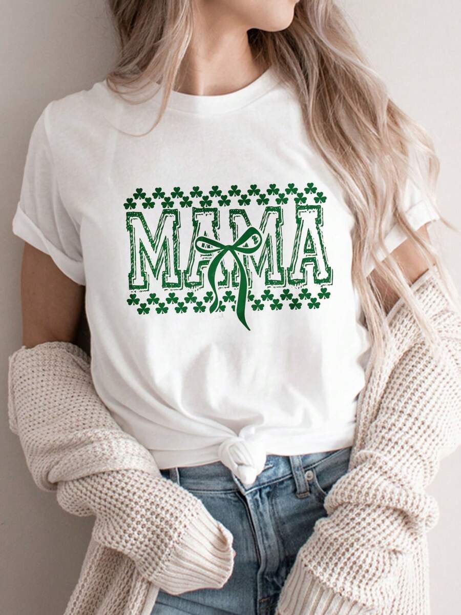 Camisetas de moda de algodón de talla grande para mujer 2026, Día de San Patricio, Feliz Día de la Madre, Regalo del Día de la Madre - Camiseta festiva con estampado de árbol de Navidad para la madre, Conjunto familiar a juego para las fiestas con diseño de lazo, Camiseta adecuada para celebraciones de invierno, Top de manga corta cómodo, suave y sencillo para uso diario. - Blanco - Ver 1