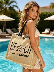「Beach Please」帆布托特包與拉鍊收納袋套組，星星與波浪圖案帆布海灘包附拉鍊收納袋，女款可重複使用大容量海灘包，可裝毛巾、防曬乳與日常用品，小收納袋可裝化妝品與貴重物品 - 彩色 - 查看 4