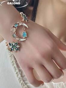 Bohemian Style Star & Moon Bracelet, Turquoise Beaded Open Bangle, Retro Peacock Stone Bracelet, Unique Design Accessories - Multicolor - View 2
