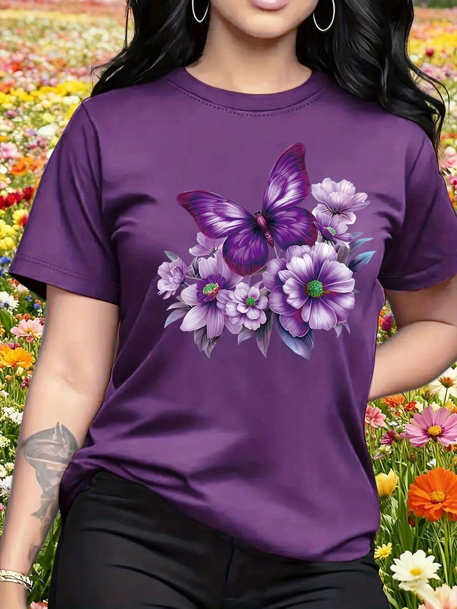 Camiseta casual de manga corta y cuello redondo para mujer, con estampado floral y de mariposas brillantes, hecha de tela ligera y suave, adecuada para uso en exteriores e interiores, regalo, regalo para mujer, regalo de cumpleaños, regalo para amigas, regalo para hermanas, regalo para días festivos. 9LX4 - Morado oscuro - Ver 1