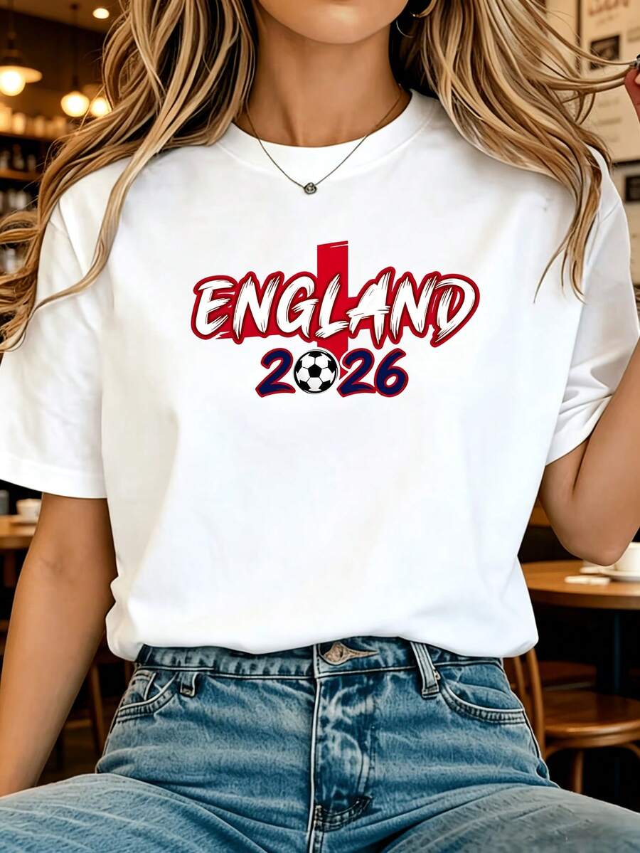 Camiseta casual para mujer, para entusiastas del fútbol, ENGLAND 2026, estampado de fútbol con letras, cuello redondo de manga corta, suave y transpirable, camiseta elegante adecuada para fiestas. - Blanco - Ver 1