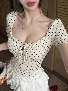 Blusa ajustada con cuello cuadrado, mangas con volantes y lunares, para primavera y verano - Negro - Ver 3
