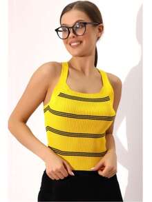 Cross-Strap Knitted Tank Top/Knitted Blouse - Yellow - View 3