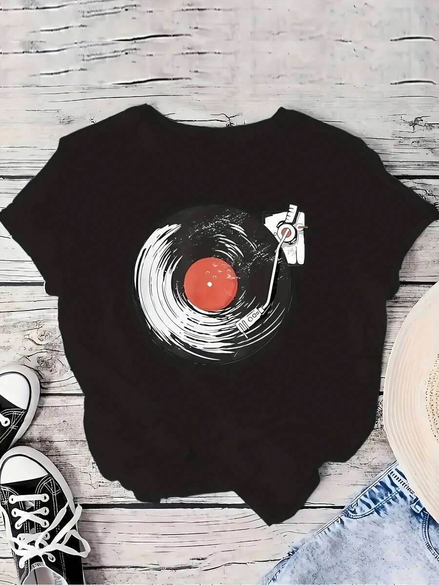 Camiseta de manga corta para mujer - Camiseta casual de cuello redondo con estampado de letras (letras completas), tela de elasticidad media, opaca, ropa casual de verano, lavable a máquina, - Negro - Ver 1