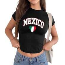 2026 Camiseta ajustada de cuello redondo con estampado de letras para el verano en México, con un diseño moderno; estilo sensual y atrevido al estilo europeo y americano, con corte que deja el ombligo al descubierto, muy a la moda - Negro - Ver 2