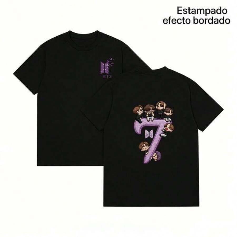 layera con número 7 y personajes kawaii, efecto bordado impreso - Negro - Ver 1