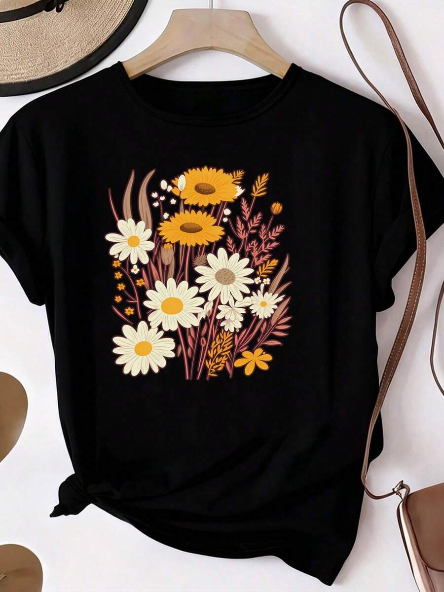 Women's T-Shirt, 100% Pure Cotton, Bohemian Style, With Artistic Floral Print, Casual, Basic, Short Sleeve, Fashionable. Women's T-Shirt With Vintage Bohemian Pattern, 100% Cotton, Soft, Breathable, Round Neck, Short Sleeve, Urban Boho Style. - 黑色 - 查看 1