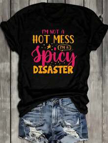 Camiseta negra de estilo "spicy girl" para mujer, en una paleta de colores cómoda. Regalo de ocio suave y cómodo, adecuado para todas las estaciones. Es una opción ideal para salidas de fin de semana y un regalo perfecto para la comodidad. Muy adecuado para el estilo callejero hip-hop y actividades al aire libre. Camiseta de manga corta cómoda y versátil. - Negro - Ver 7