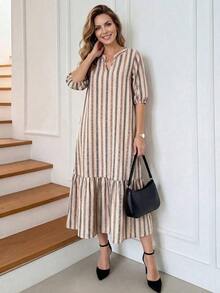 Vestido de verano con estampado completo, cuello con muesca y mangas abullonadas, estilo bohemio para vacaciones - Multicolor - Ver 1