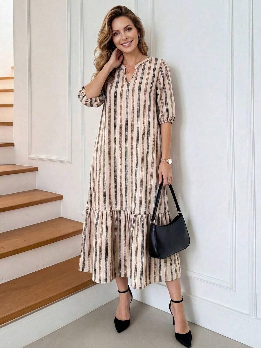 Vestido de verano con estampado completo, cuello con muesca y mangas abullonadas, estilo bohemio para vacaciones - Multicolor - Ver 1