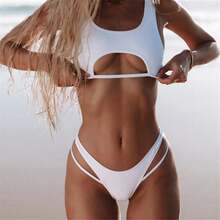 2026 Swimwear Ribbed Striped Hollow Out Swimsuit Sexy High Waist Bikini - White - View 1