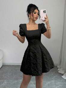 Vestido de mujer de manga abullonada y cuello cuadrado, de moda para el verano - Negro - Ver 12