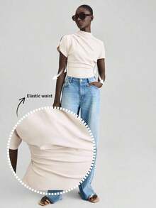 2026SS Nueva blusa de verano para mujer, uniforme de maestra, atuendo de aeropuerto para el Día de la Independencia, de tela elástica, camiseta azul sólida talla grande vendida, estilo casual cómodo, top de punto, diseño asimétrico, manga corta frun - Albaricoque - Ver 2