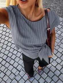 Camisa de mujer a rayas con pliegues, de uso versátil y casual para el día a día - Multicolor - Ver 4