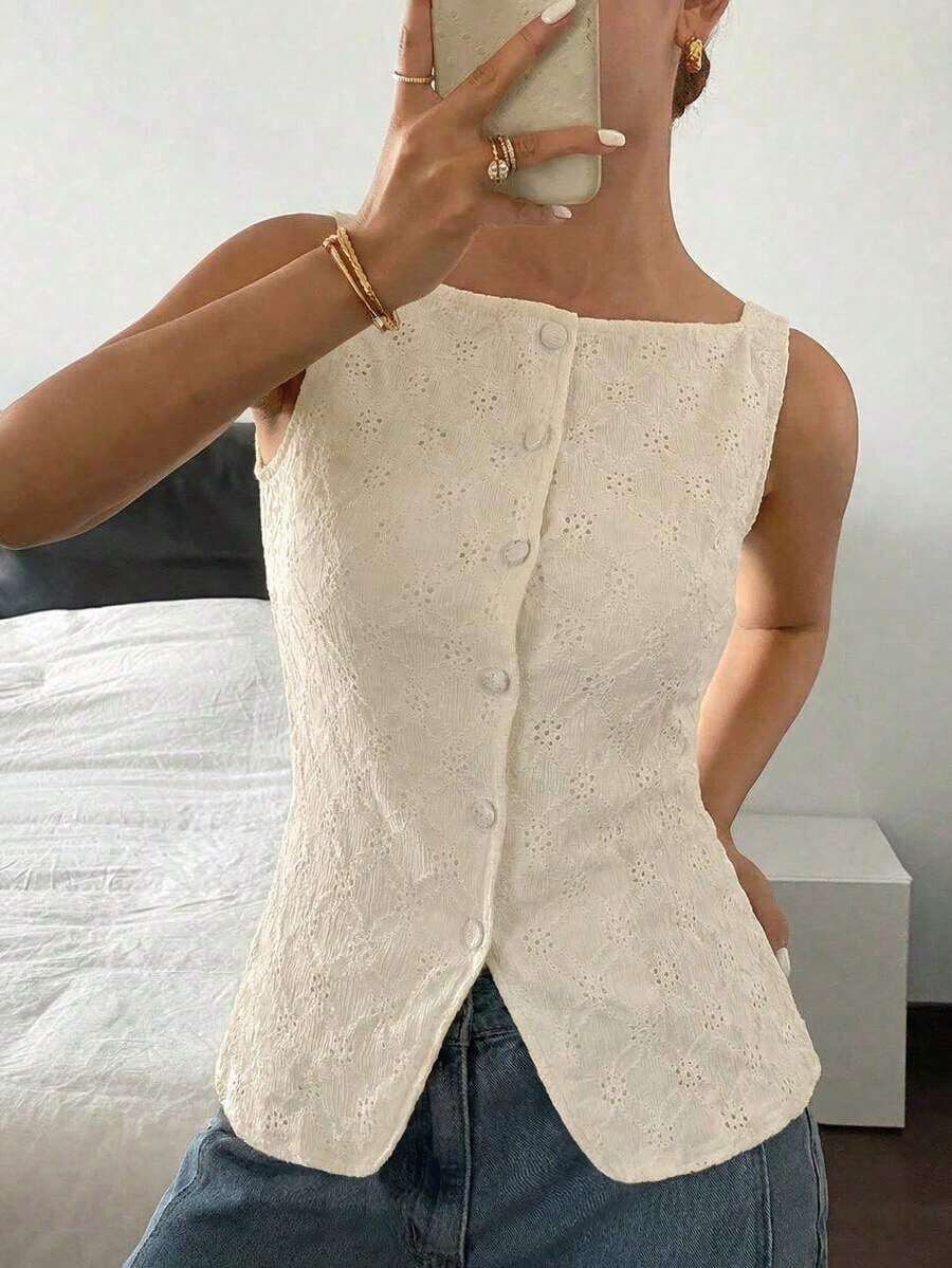 Camiseta de tirantes de mujer de unicolor con bordado y aplicación elegante, para verano - Albaricoque - Ver 1