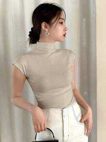 Camiseta de mujer de cuello alto de color liso para el verano - Gris 2 - Ver 5