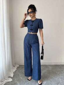 Conjunto de 2 piezas para mujer con efecto de mezclilla y mangas abullonadas elegantes en azul - Azul - Ver 4