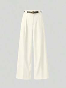 Pantalones rectos de cintura media de unicolor elegante con cinturón, negro, primavera - Crema - Ver 1