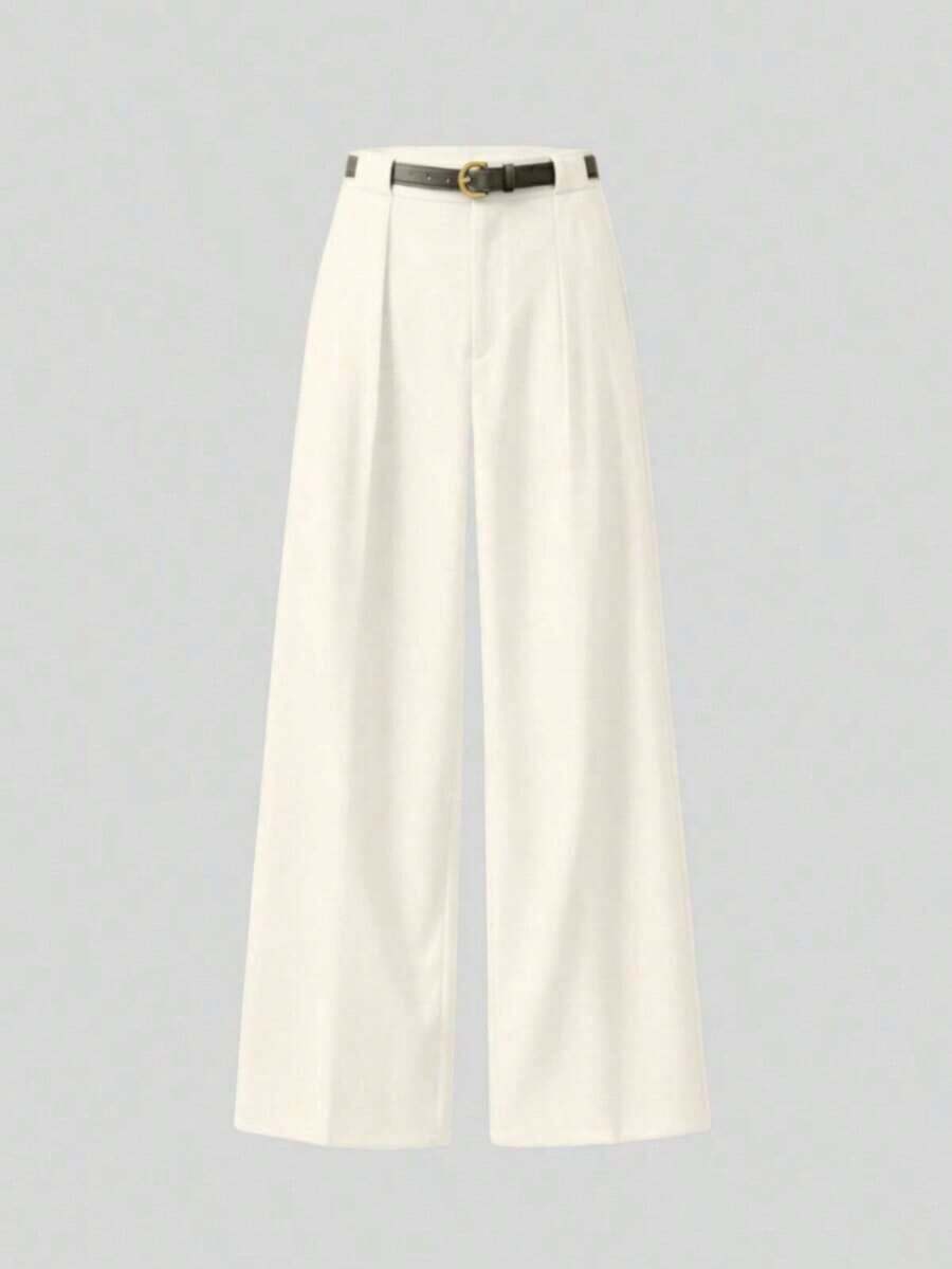 Pantalones rectos de cintura media de unicolor elegante con cinturón, negro, primavera - Crema - Ver 1