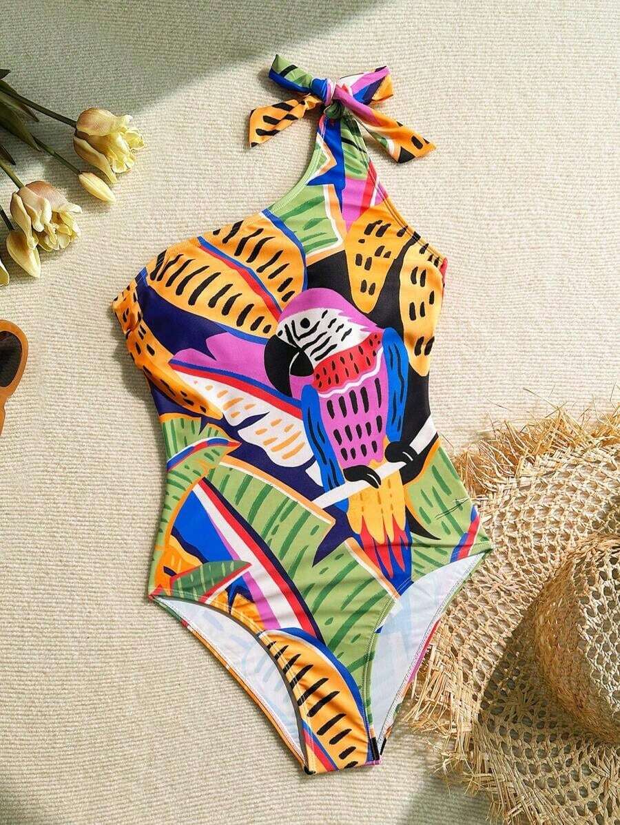 1 pieza Traje de baño de una sola pieza con hombro asimétrico y gráfico de limón, casual, para el verano - Multicolor 2 - Ver 1