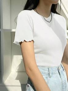 Camiseta tejida acanalada con ribete de lechuga para el verano - Blanco - Ver 6