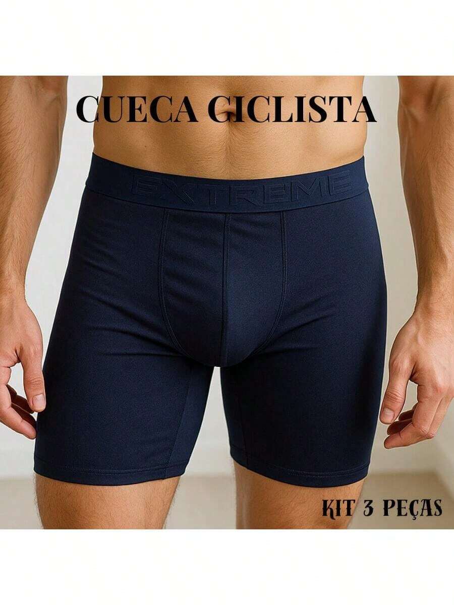 Set Of 3 Long Cycling Briefs With Cutout, Comfortable Polyester, Men's Boxer Briefs, Doesn't Roll Up - 藍色的 - 查看 1