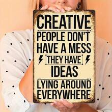 2D Flat, 2D Panel - 1pc Vintage Inspirational Wall Decor Sign "Creative People Don't Mess Around, Creativity Comes With It" Rustic Style Home And Office Decor, Studio Wall Art, Creative Gift For Artists And Writers, 2D Flat, Pre-Drilled Holes As Shown In Dimension Diagram - Multicolor - View 5