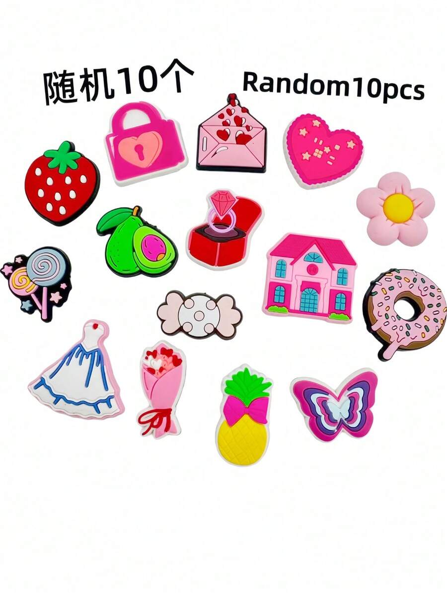 10pcs Random Pink Mix Series, Love, Flowers, Fruits, Strawberries And Other Shoe Ornaments, Suitable For Clogs, Bubble Slippers, Sandals, Etc., PVC Material, Beach Bag Accessories, Birthday, Christmas, Valentine's Day, Halloween Gift Ideas, Party Gifts - Multicolor - View 1