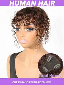 T-Shaped Human Hair Topper Wig Clip-In With Bangs - Water Wave Texture (Curly/Wavy) For Women, Natural-Looking Hair Extensions For Volume & Instantly, Daily Use, Suits All Beige Tones & Scalp Types (No Glue/Lace) 8-10 Inch Natural Black & Light Brown - 彩色 - 查看 12