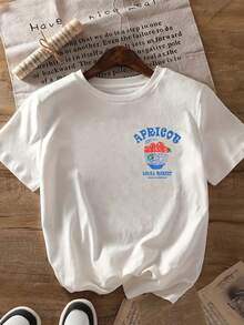 Camiseta de manga corta con estampado frontal y trasero, color ALBARICOQUE, camiseta casual de moda para mujer, de una sola pieza, con cuello redondo y manga corta, para verano y primavera, ropa de mujer 100% algodón. - Blanco - Ver 3