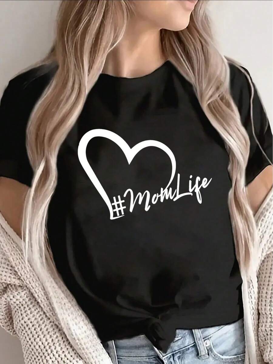 Camiseta de manga corta de poliéster de alta densidad, decorada con estampados de corazones y "Mom Life", ligera y duradera, adecuada para el uso diario, ya sea en casa, en la cocina o para salidas informales, ajuste cómodo para mujer. Bestseller. - Negro - Ver 1