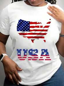 Camiseta Casual con Diseño de Mapa de la Bandera de Estados Unidos, Patriótica, para Celebración del Día de la Independencia Americana, para Salidas Casuales y Eventos Festivos, para Mujeres - Blanco - Ver 6