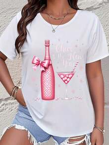 Camiseta Casual de Manga Corta para Mujer, Diseño de Fiesta de Año Nuevo, Estampado de Botella de Champán Rosa, Texto "Brindemos por el Año Nuevo", Ropa para Fiestas y Festivales, Moda - Blanco - Ver 5