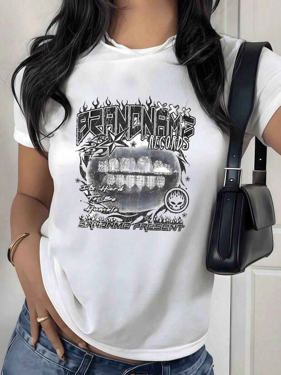 Flame And Skull Graphic Print T-Shirt, 180g, 1 Piece, Punk Rock Style, Casual For Women, 100% Cotton, Vintage Streetwear Style - 白色 - 查看 1