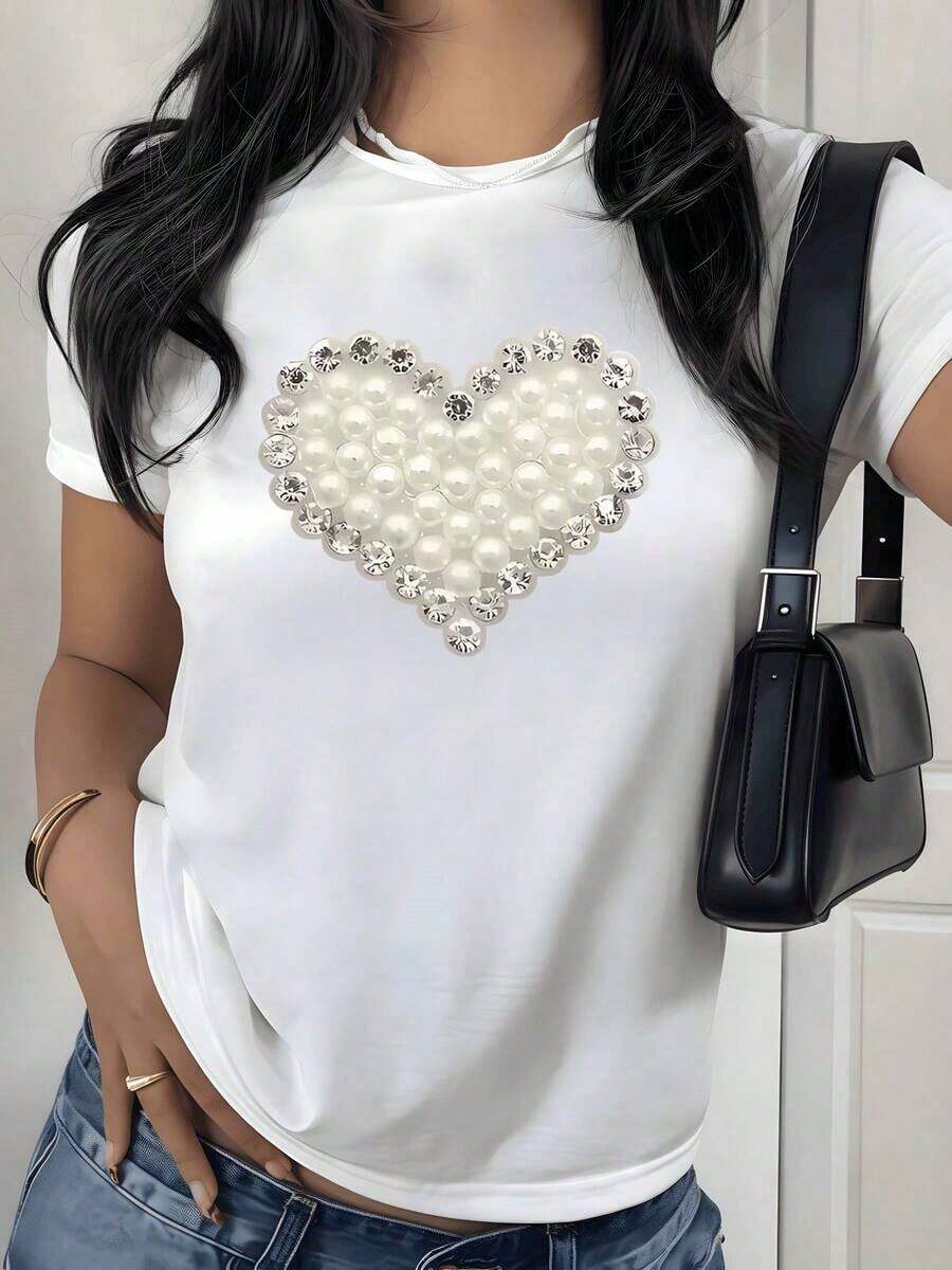 T-Shirt With Heart And Faux Pearl Graphic Print, 180g, 1 Piece, Women's Casual T-Shirt With Heart Decoration, 100% Cotton, Chic And Fashionable Style - 白色 - 查看 1