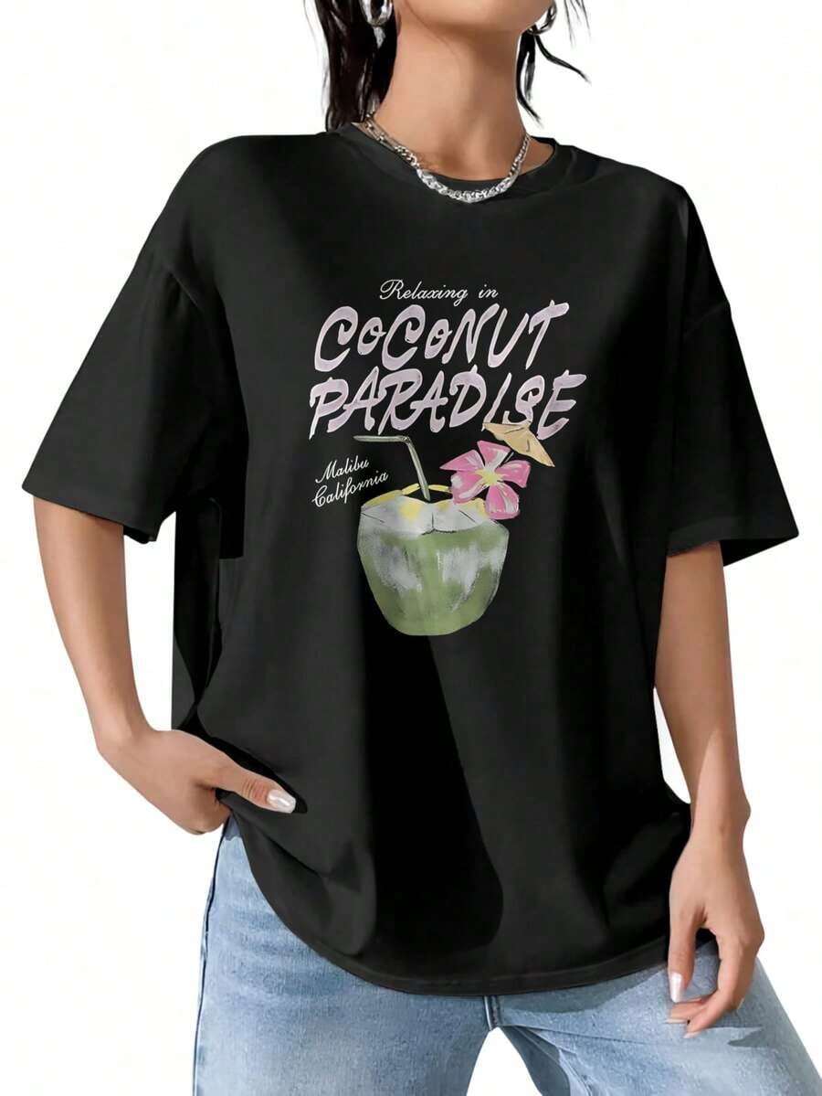 Nueva Camiseta Casual de Verano para Mujer con Estampado Tropical de Cocotero, Blanca, Semitransparente, de Cuello Redondo y Manga Corta, con Diseño de Palmeras y Flores, Ligera, Ropa de Playa para Vacaciones, Atuendos Casuales, Comodidad Diaria, Lavable a Máquina - Estilo Urbano Vintage, Unisex, Camiseta Holgada de Algodón de Manga Corta y Cuello Redondo - Negro - Ver 1