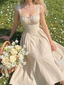 Vestido acampanado con estampado floral vintage, para primavera/verano, con base color albaricoque y volante con flores rosas en el bajo - Celeste - Ver 10