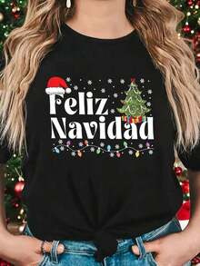 España Navidad Feliz Navidad Árbol de Navidad Gorro de Navidad Ambiente Festivo Diseño Creativo Estampado Camiseta de Cuello Redondo para Mujer Primavera Verano playeras de mujer - Negro - Ver 1