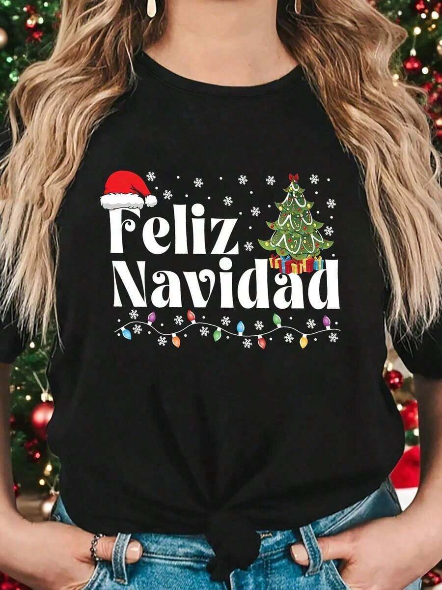 España Navidad Feliz Navidad Árbol de Navidad Gorro de Navidad Ambiente Festivo Diseño Creativo Estampado Camiseta de Cuello Redondo para Mujer Primavera Verano playeras de mujer - Negro - Ver 1