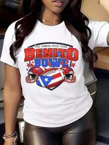 Women's Crew Neck T-Shirt Featuring A Football Helmet And Puerto Rican Flag Design, With The Phrase "I'm Here For The Benito Bowl." Casual Wear For Sporting Events And National Pride Celebrations. - 白色 - 查看 6