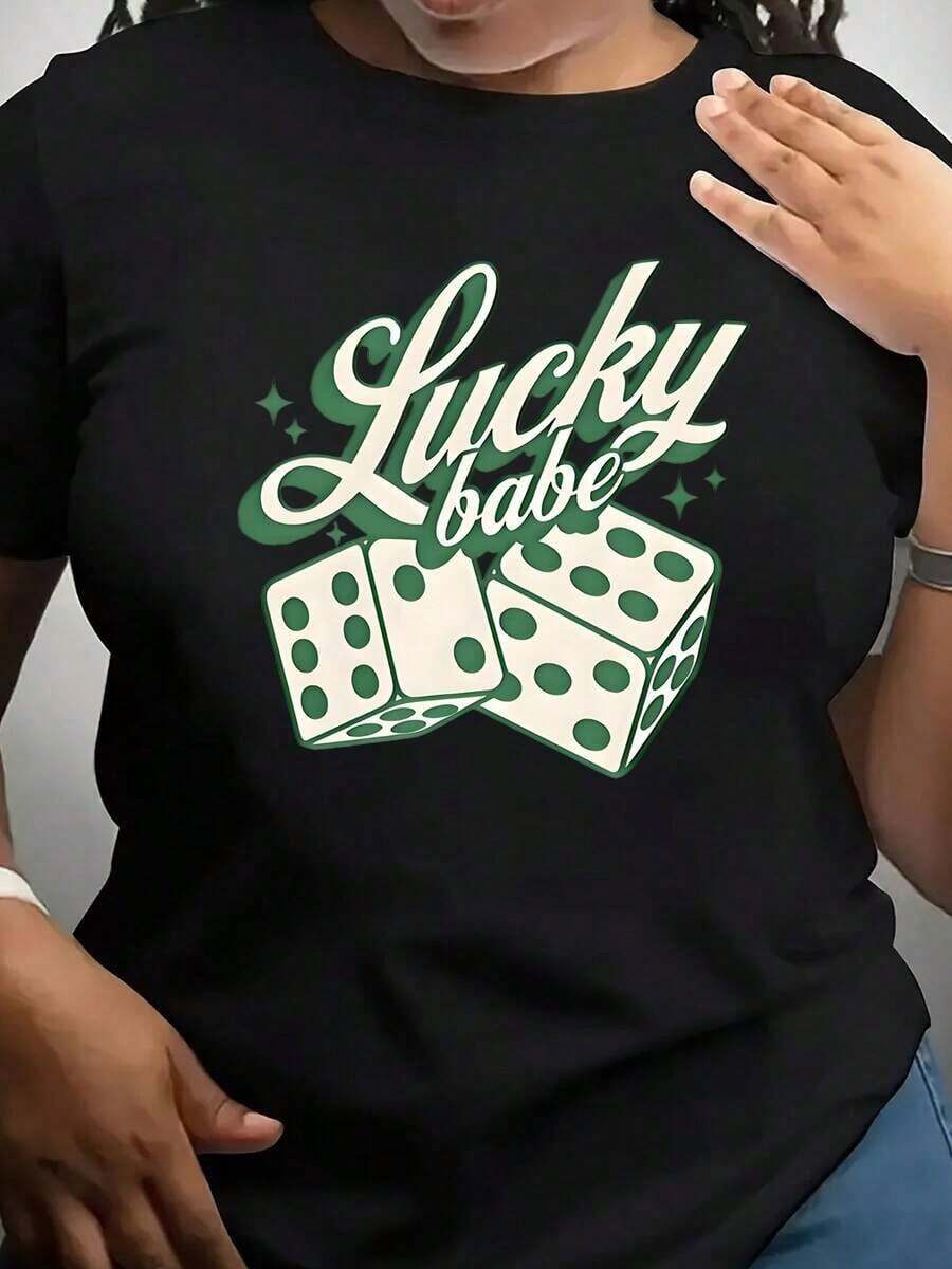 Camiseta de Algodón Estilo Vintage con Estampado de Eslóganes de Lisboa, Camisetas con Gráficos de Dados Lucky Babe para Mujer, Camiseta Casual Divertida con Temática de Juegos de Azar, Perfecta para Noches de Juego y Uso Diario en Verano, 220g para el Verano. - Negro - Ver 1