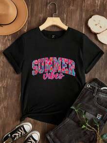Camiseta de Mujer Casual de Corte Holgado, Opciones en Blanco y Negro, Estampado Floral 'SUMMER Vibes', Camiseta Gráfica para Uso Diario de Verano, Blusas de Verano, Camisetas Gráficas, Conjuntos de Verano, Camisetas Gráficas para Mujer, Tops Cortos para Mujer, Blusas Vintage de Algodón, Ropa Linda para Mujer, Playera Holgada para Mujer - Negro - Ver 2