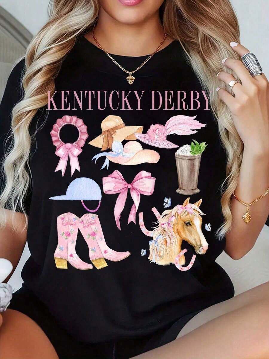 Playeras de mujer de algodón con diseño gráfico temático de carreras de caballos del Kentucky Derby, color rosa, camiseta casual de verano para mujer con diseño de sombreros, botas y cintas para la celebración del Día del Derby. - Negro - Ver 1