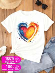 Camiseta vibrante con forma de corazón para parejas, hecha de 100% algodón puro de 180g. Esta camiseta gráfica de alta calidad, con un diseño divertido, es de color blanco, adecuada para todas las estaciones y muestra un estilo moderno. Estilo hip-hop urbano, duradera y resistente. SSCL - Blanco - Ver 1