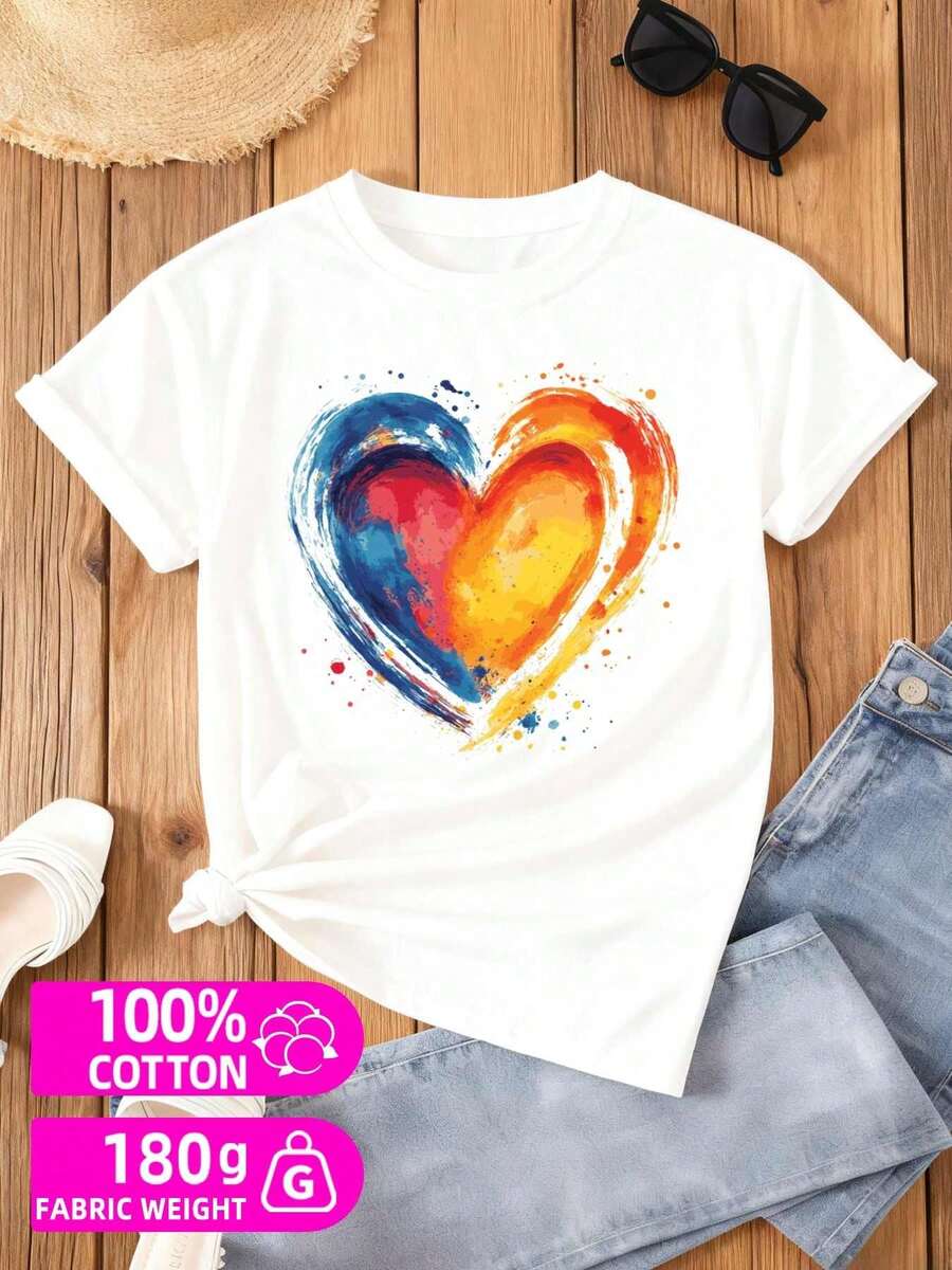 Camiseta vibrante con forma de corazón para parejas, hecha de 100% algodón puro de 180g. Esta camiseta gráfica de alta calidad, con un diseño divertido, es de color blanco, adecuada para todas las estaciones y muestra un estilo moderno. Estilo hip-hop urbano, duradera y resistente. SSCL - Blanco - Ver 1
