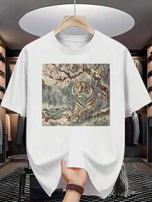 Camiseta de algodón puro para hombre con estampado de tigre, estilo de pintura tradicional china a tinta, estampado de tigre sobre patrón de flor de ciruelo, algodón puro de alta calidad, impresión premium, duradera, diseño casual y a la moda. - Blanco - Ver 1