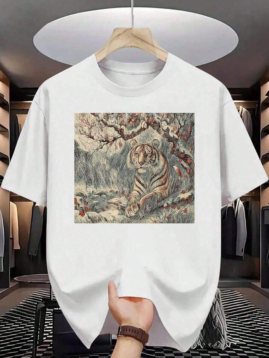 Camiseta de algodón puro para hombre con estampado de tigre, estilo de pintura tradicional china a tinta, estampado de tigre sobre patrón de flor de ciruelo, algodón puro de alta calidad, impresión premium, duradera, diseño casual y a la moda. - Blanco - Ver 1